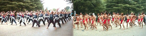 踊りの途中から男子は着衣を放り上げてはだか姿になり、下の写真の踊りになって続いた。