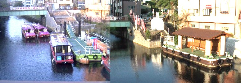 朝日橋(名古屋城正門から約２００メートル。 鶴舞線浅間町駅下車東へ約５００メートル)下で待機する堀川下り観光屋形船。