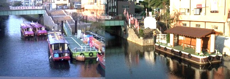 朝日橋(名古屋城正門から約２００メートル。 鶴舞線浅間町駅下車東へ約５００メートル)下で待機する堀川下り観光屋形船。