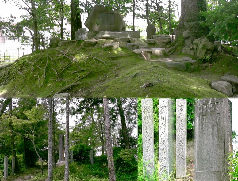 ねねの歌碑とねねの水(上)。下は浅野長政公及び徳川家お手植えの杉（左、中）。右は浅野長政宅跡碑。 浅野長政宅跡・碑文拡大