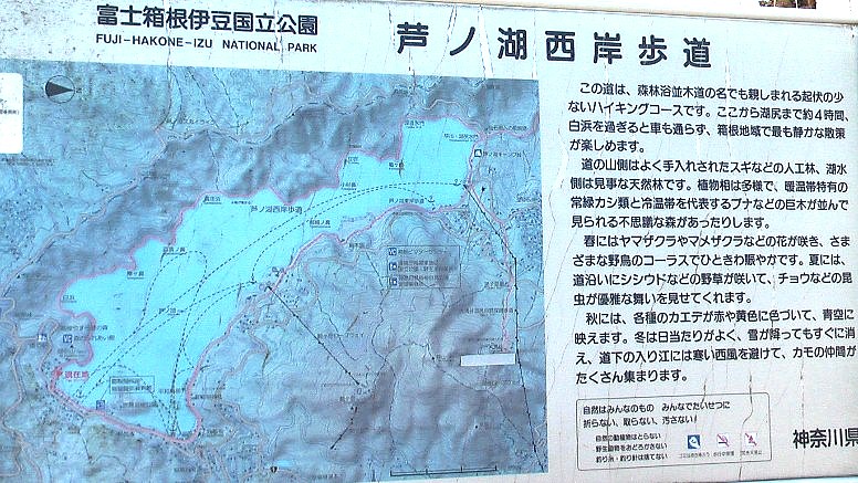 向坂入り口に建つ芦ノ湖西岸の説明板。
