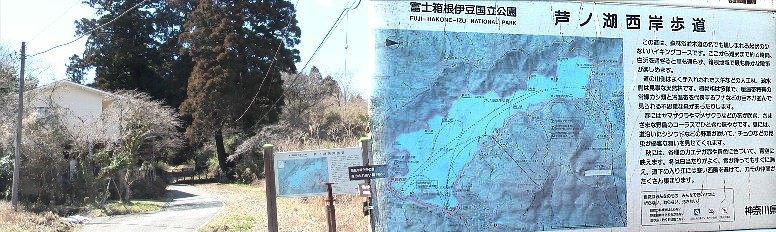 向坂入り口(左)と芦ノ湖西岸の説明。