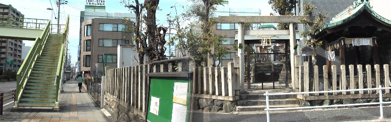 外土居交差点北にある神明社と大津通り。この社付近熱田村砦があったといわれるが定かでは ありませんが付近を歩くと東方面は下り坂となって城、砦に向いていたようです。リンク: 帝國博物学協会 尾張國 熱田村砦 熱田村砦跡