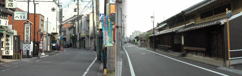 問屋記念館付近の街並み。右は国登録文化財の柴田家住宅主屋。