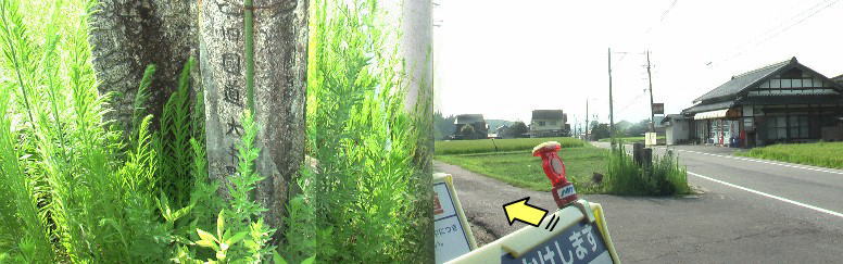 千旦林：県道と合流点にある道標など（左）。旧中山道は右写真、左の細い道へ(黄色矢印)入ります。 千旦林：県道合流点。 jrリニア駅と車両基地は中津川市千旦林付近と発表されました。