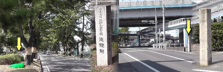 元禄道標碑（右）。左は松並木東端。いずれも旧東海道。黄色の矢印。 元禄道標