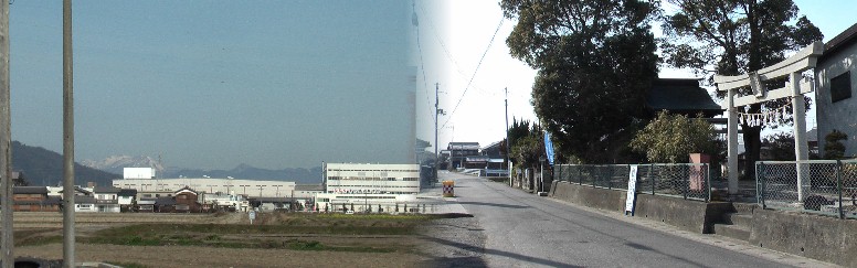 道祖神神社（右）と付近から遠く伊吹山の雪景色見る。