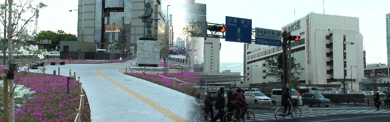 jr静岡駅と駅前に立つ徳川家康像。