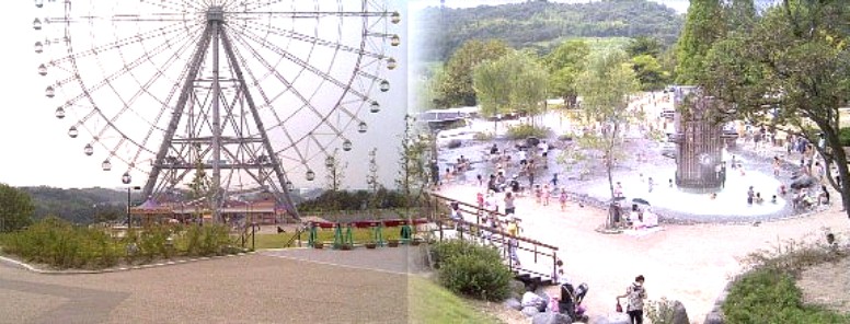 左は地球市民村付近からファミリーアイランド方面、右は会期中そのままの水の広場、子供たちで大賑わいです。