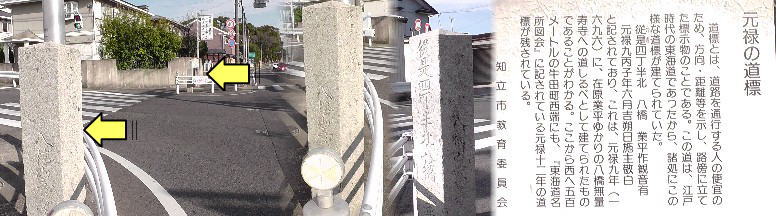 元禄の道標。黄色の矢印。 元禄の道標