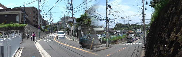 権田坂上で下車、コジマでドリンク剤を飲み、左写真の権田坂二番坂（９６０メートル）を戸塚宿 めざして歩く。右は今来た坂道を振り返り写す。