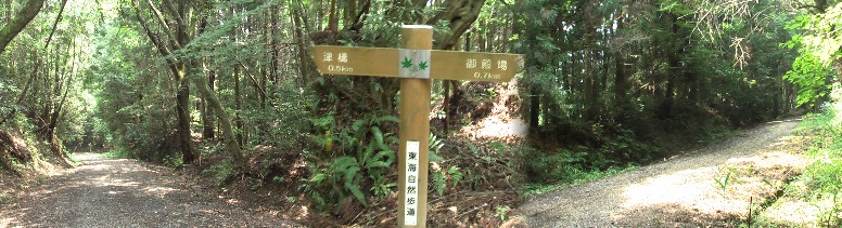 御殿場跡へ０．７キロ（右）、津橋へ０．５（左）の標識地点の中山道。