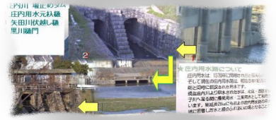 駅から北へ約１キロ、庄内川に架かる水分橋の南堤防下にあります。 庄内用水元杁樋が堀川の源流となり、４．の黒川樋門から庄内用水路へと分かれています。