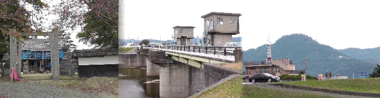左から出雲神社（工事中）。柑子橋、行明城跡方面遠景。 柑子橋