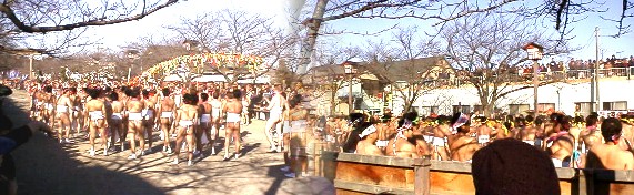 西尾張の各町村からはだか男たち(厄年の人が多いという)が元気良く 一団となり本殿に向かい、厄除けの祈りを込めた布を結んだ「なおい笹」を 捧げて神事を終わる。14年2月24日撮影