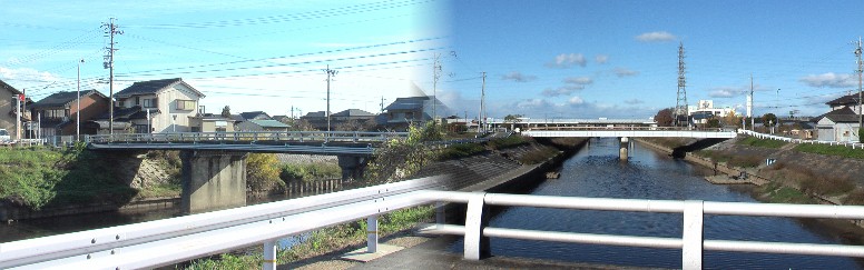 日光川にかかる萩原橋と上流を写す。下図の史跡「天神橋の渡し跡」参照
