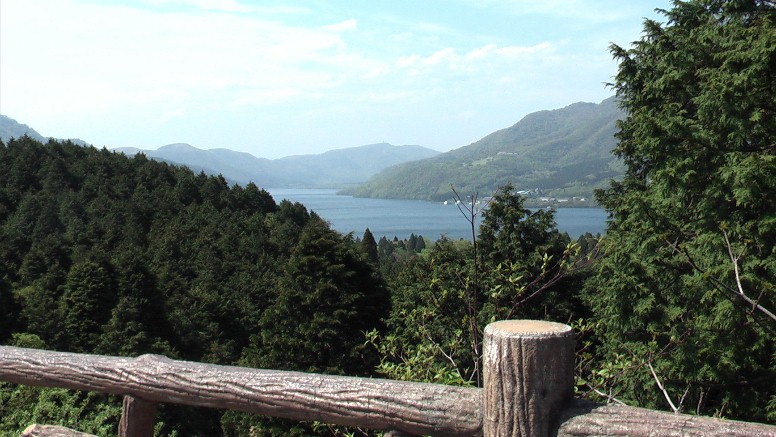 箱根峠道の駅から芦ノ湖を見る、広重画検証：このあたりが良く似た場所。