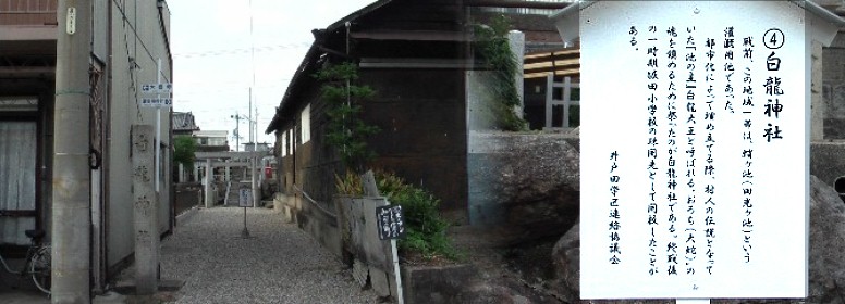 戦前この地域一帯の田光ヶ池で水泳をして溺死した者、埋め立てや天神山を崩すときのたたりで 出た犠牲者を慰めるために当神社が建立されたと伝えられている。 町名も白龍町である。