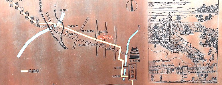 白山神社の西には笈瀬川が流れ、権現橋（石橋）がありました。現在は埋め立てられ 橋の親柱が神社の石垣として残っています。右は神社前から枇杷島方面を撮る。