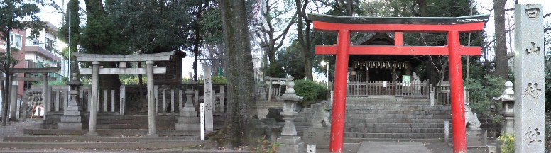 白山神社と境内の日吉社。白山大権現として、建立は、鎌倉時代と思われます。古くから、 鶯谷町と呼ばれ、堀川の流れを西南方に見下ろす景勝の地でした。 白山神社