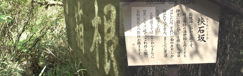 左：急な坂道を上から撮る、説明板と逆の方向（三島宿から）に進んでいますのでご理解を。 この急坂を箱根町へ下る 動画をご覧下さい。