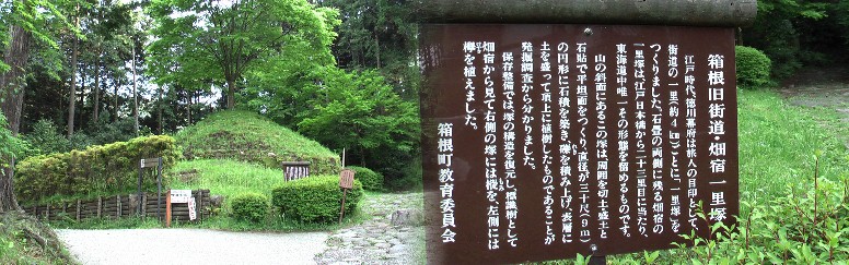 見事に復元された畑宿一里塚。国史跡として両側に残る一里塚も間は車が通るが、ここは昔の まま石畳である。「箱根見ずして東海道53次を語るなかれ」。「畑宿一里塚を通らずして一 里塚を語るなかれ」そんな感じの箱根峠越えでした。