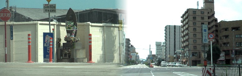 左写真は国道1号線白鳥橋西詰の平和地蔵、トップ記事参照。右は国道1号線1番1丁目交差点。