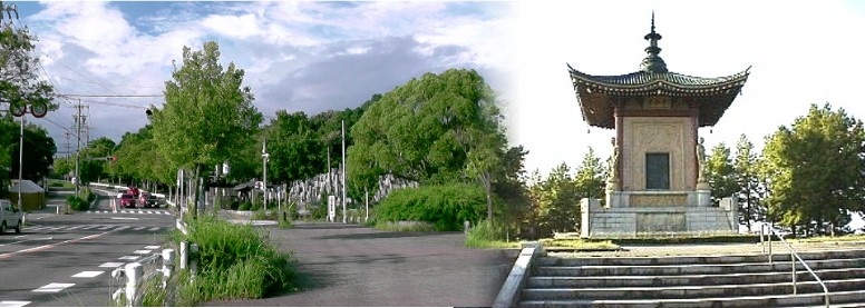 平和公園南・市バス停付近(左)。右は平和堂。