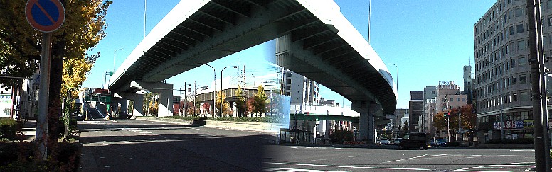 左は駅から西、都市高速都心環状線東別院入り口、山王橋～名古屋西インター方面。 右は駅から東、鶴舞南～大高方面を撮る（この方向へは一方通行で車は走れません）。