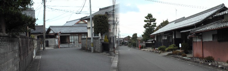 美濃路：大垣東町の町並み、大師寺前は桝形道路になっています。