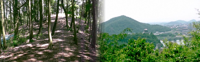 東之宮神社から犬山城を展望します(右、中央小さく)。左は東之宮古墳頂上付近。