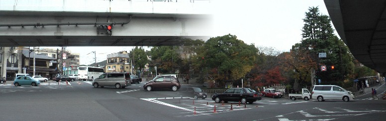 高台寺の参観を終え、東大路通りを南へ下り東山五条交差点を過ぎ妙法院前を西に入り方広寺に向かう。 右写真は清水寺方面を撮る。左は祇園方面を撮る。 東山五条交差点