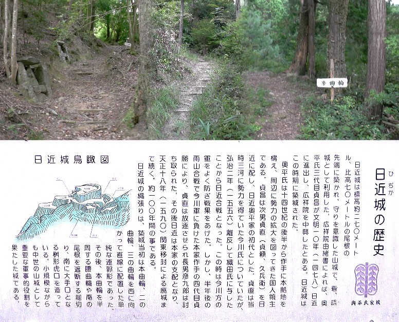 広祥院横から登山道(上写真)と日近城跡(標高270m)。