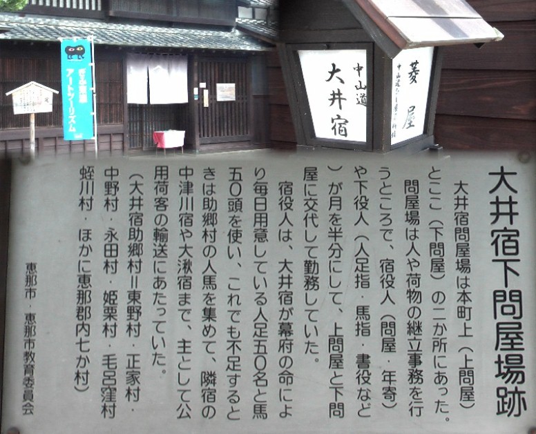 中山道ひしや資料館（菱屋）（上）と近くの下問屋場跡は案内板（下）のみ。 菱屋