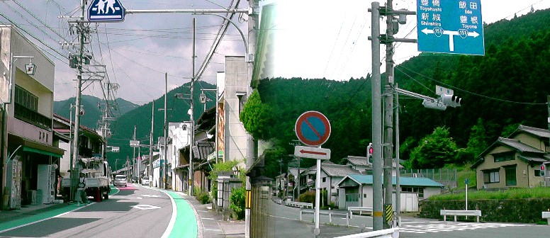 本郷交差点(右)及びバス停付近の町並み。