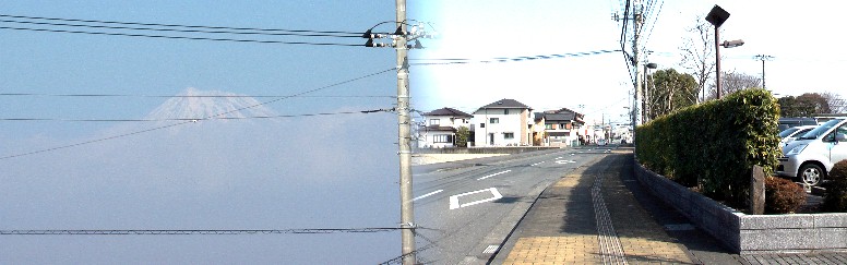 本市場跡（富士総合庁舎前）から見た富士山、今日は３～４分程度の見映えで終わりそうだ。