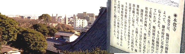 ウィキメディア・コモンズ経由で・横浜市神奈川区にある、曹洞宗 青木山本覚寺。 日本で初めてペンキ塗りをした山門がある。 横浜開港時は、アメリカ領事館であった。 本覚寺の高台から市内、港方面を望む 本覚寺 (横浜市)