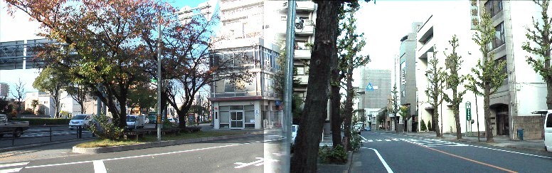 ここに名古屋宿へ入る大木戸跡（左：交番所）が置かれていたが明治５年（１８７２）廃止された。 右写真は大木戸跡前で伏見通りと別れ美濃路（本町通り）となり名古屋城へ と通じる。伝馬町 （熱田）一里塚跡から江川一里塚跡まで途中にもう１箇所（約４キ