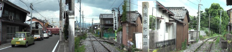 赤坂本町駅跡(右端)駅舎はありませんが現役で活躍する美濃赤坂線。丁度貨物列車が 通過してましたのでパチリ(左端)。