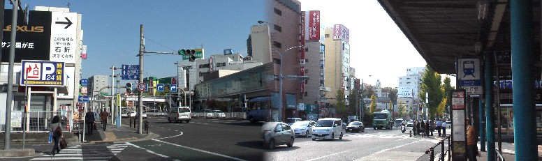 左は駅前から東、一社～藤が丘方面。右は駅前から西、東山公園～今池方面を撮る。