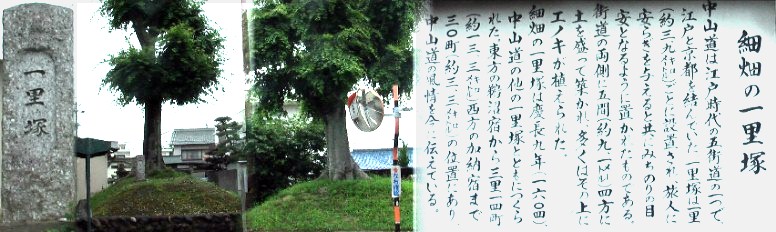 塚が両側(左：南側)にあるのは貴重な史跡ですが「国指定」の文字が無いのは指定されていないので しょうか。近くに一箇所、国指定富田一里塚 があります。 細畑一里塚