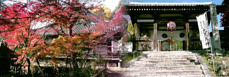 宝積寺本堂の紅葉。境内には秀吉が腰掛けたといわれる「出世石」があります。