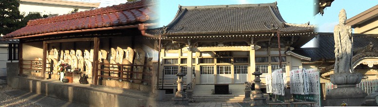 法輪寺境内の四国八十八ｹ所の石仏像を祀るお堂（左）。本堂（中）。ほうりん聖観世音菩薩像（右）