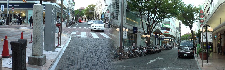 右左の呉服町通りと札の辻、右：南北の七間町通り。大手百貨店「伊勢丹」の前付近。