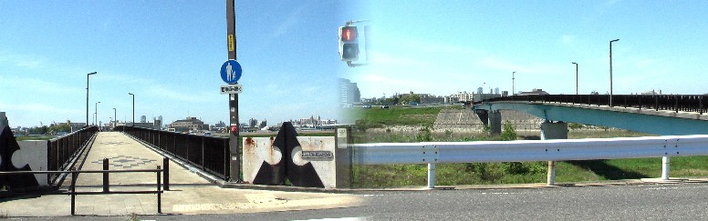 味鋺側から見るふれあい橋(人道橋)。ご来光が見られるという。当時は「味鋺の渡し」として 賑わいを見せたという。