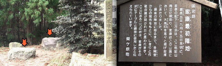 上記の階段を登ると徳川家康最初の陣地があります。赤い矢印は机と腰掛に使用した二つの岩。