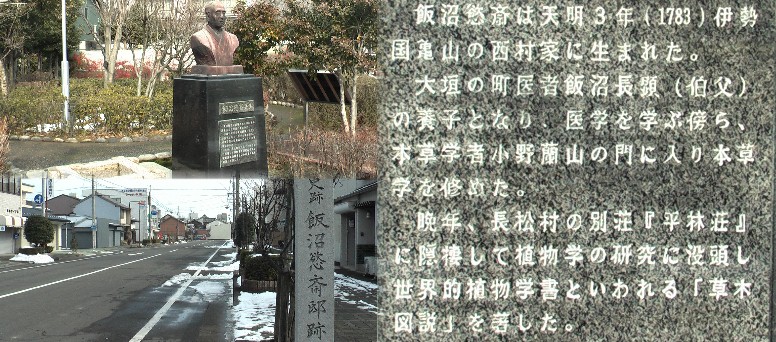 俵町薬木広場の飯沼・銅像と東南角にある飯沼邸跡。晩年を過ごした長松村・平林荘跡。
