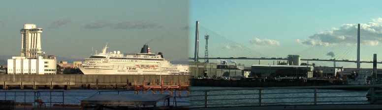 名古屋港ガーデン埠頭に停泊中の飛鳥Ⅱと名港トリトン中央大橋。