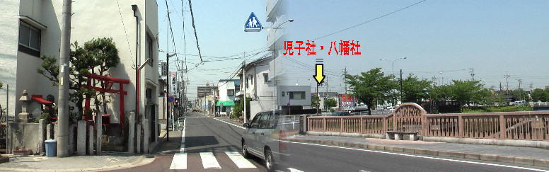 左:稲置街道道標から北へすぐの赤鳥居の社(最上位経王菩薩)と街並み(稲置街道)。 右:黒川橋。黄色矢印が児子社・八幡社の方向。 黒川橋