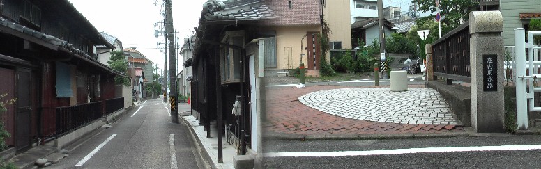 現庄内通りの東約３０ｍの稲生街道（左）と庄内用水路にかかる大江橋。